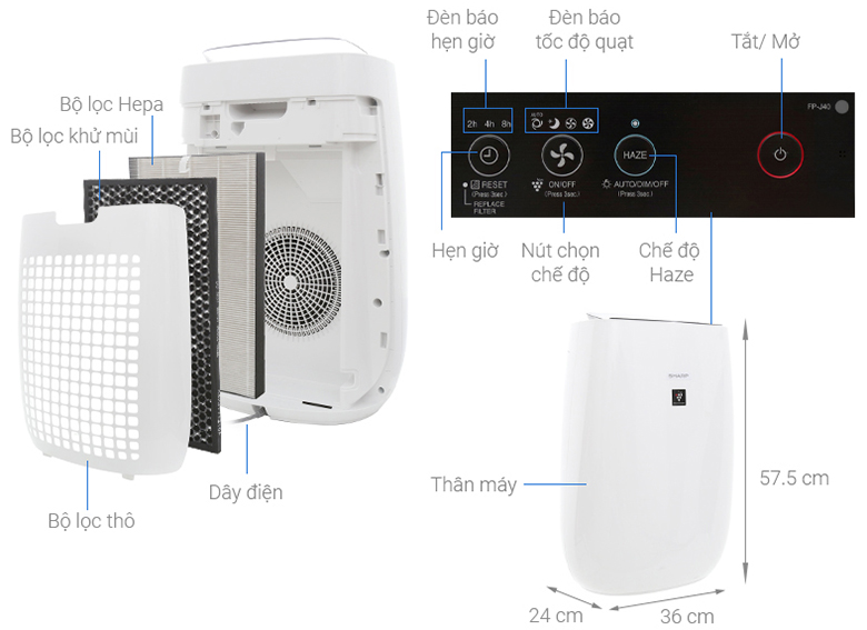 kích thước Máy lọc không khí Sharp FP-J40E-W